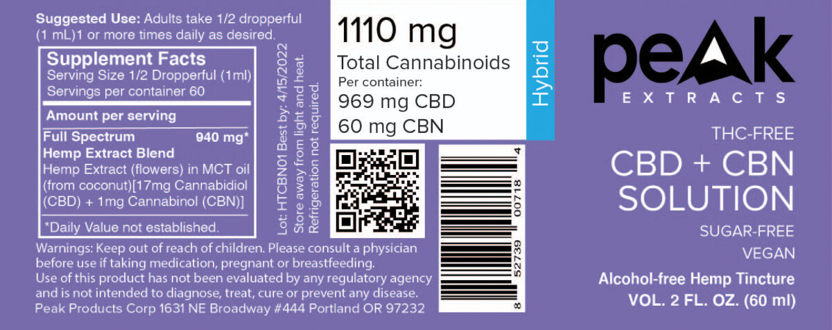 PEAK Extracts CBD + CBN Tincture Drug Facts